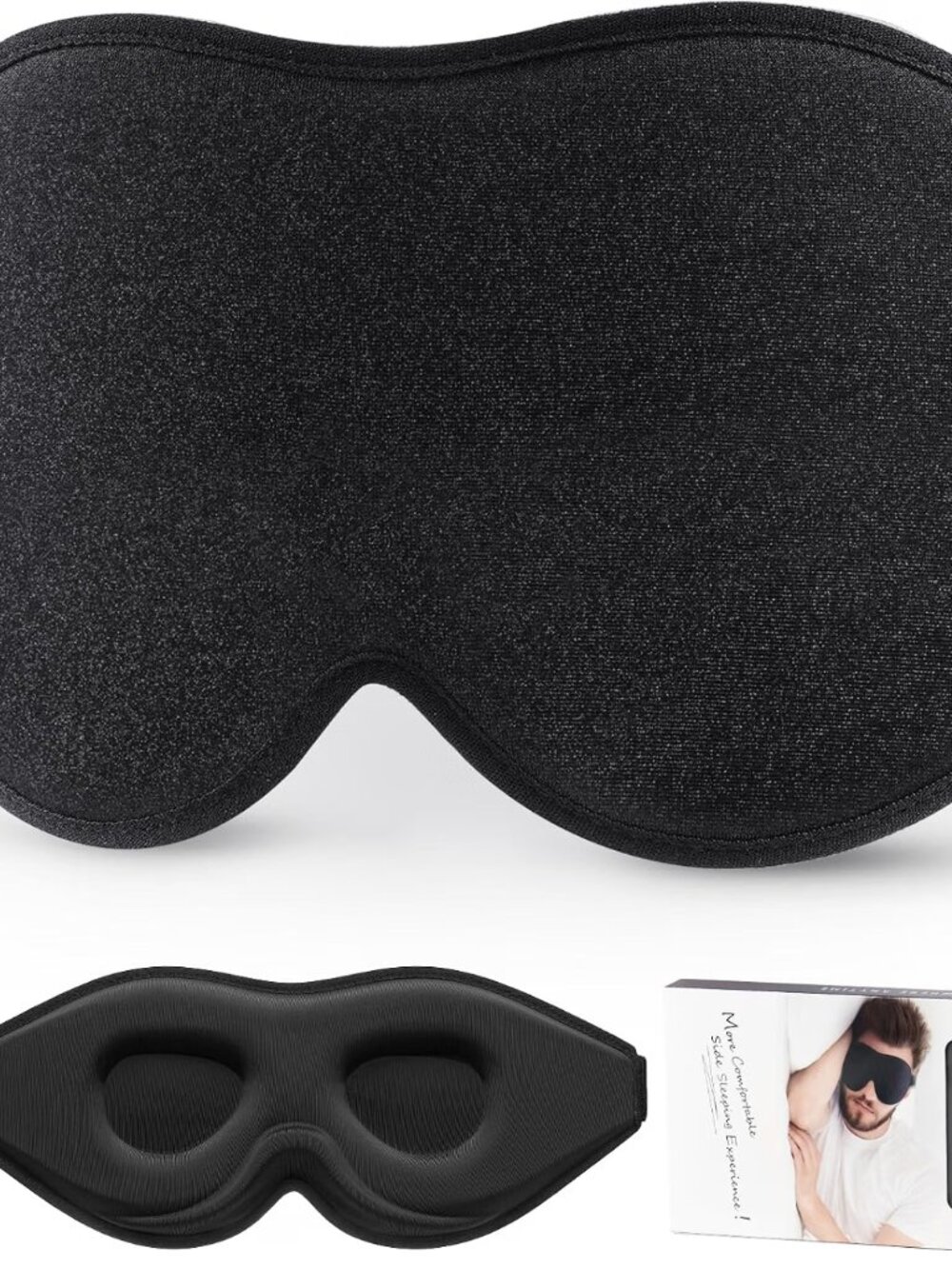 LitBear 3D Contoured Sleep Mask, Black, for Side Sleepers Adjustable Memory Foam